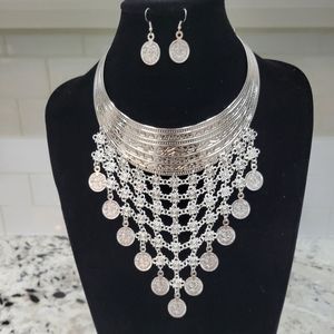 Silverplated Metal Egyptian Style Coin Choker Bib Collar Necklace and Earrings
